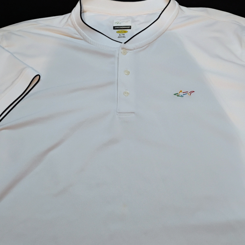 Greg Norman Polo Golf Shirt Mens XL White Short Sleeve Black Stripe Sleeve B